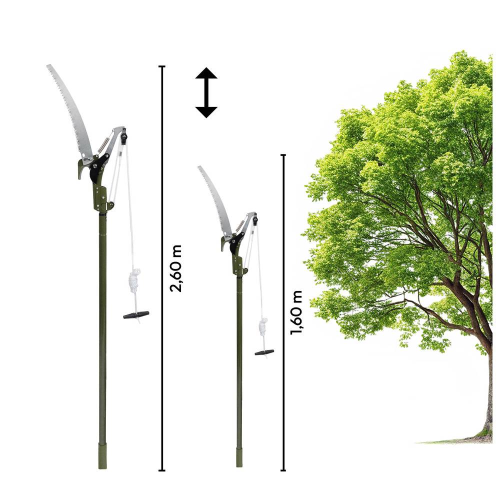 Teleskop-Baumssäge mit Messskala, die eine Ausdehnung von 1,6 m bis 2,6 m zeigt, neben einem belaubten grünen Baum positioniert, was die Reichweite veranschaulicht.