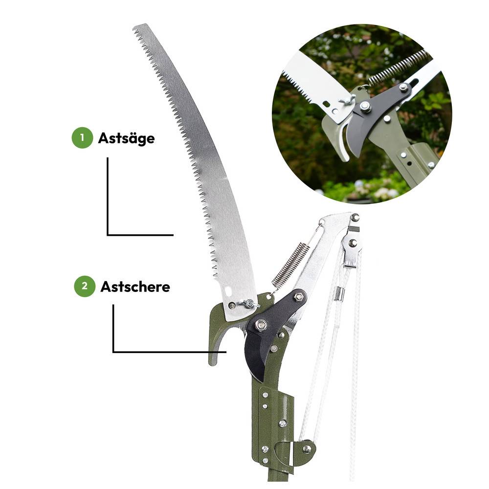 Ein Baum-Beschneidungswerkzeug mit einer Sägeblatt-Klinge ('Astäge') und Bypass-Hebel ('Astschere'), in Nahaufnahme vor einem Hintergrund von grünem Blattwerk.