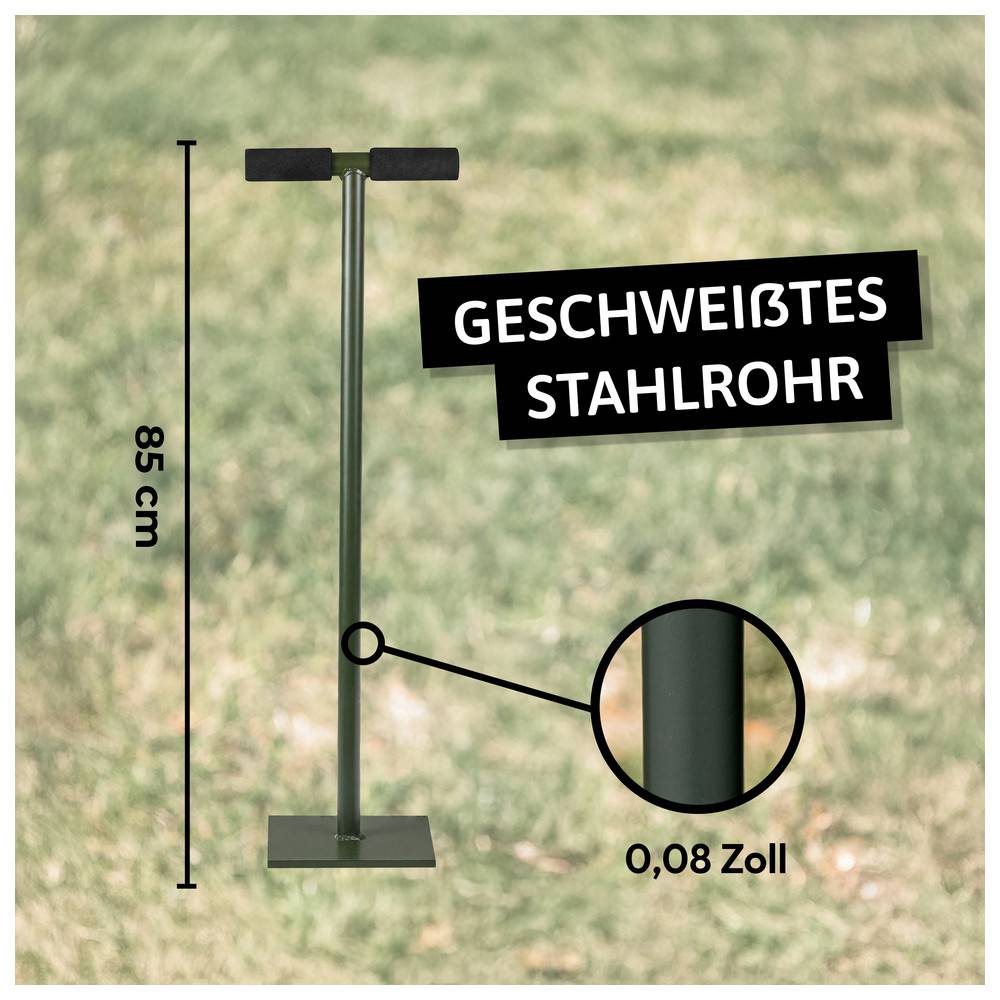 Ein Ständer aus geschweißtem Stahlrohr ist vor einem grasigen Hintergrund zu sehen. Die Höhe ist mit 85 cm markiert, und die Rohrdicke beträgt 0,08 Zoll.