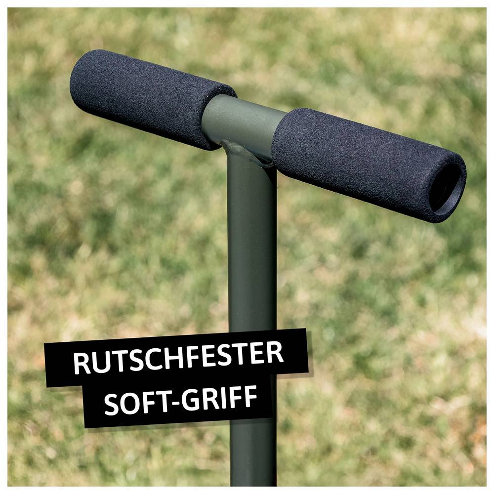 Lenker mit schwarzen Schaumstoffgriffen; grasiger Hintergrund. Text liest sich 