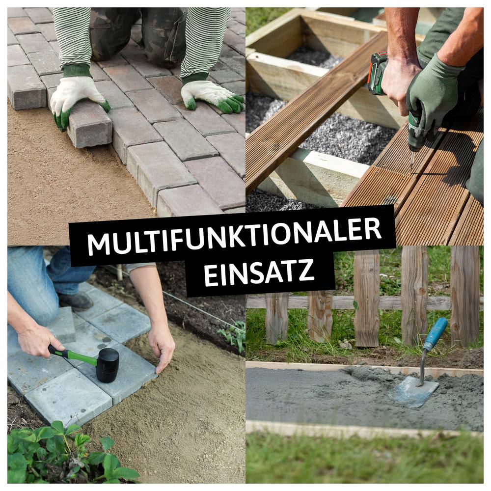 Multifunktionaler Einsatz' Bildcollage, die verschiedene Bauaufgaben zeigt: Pflasterverlegung, Terrassendielen-Montage und Betonarbeiten.