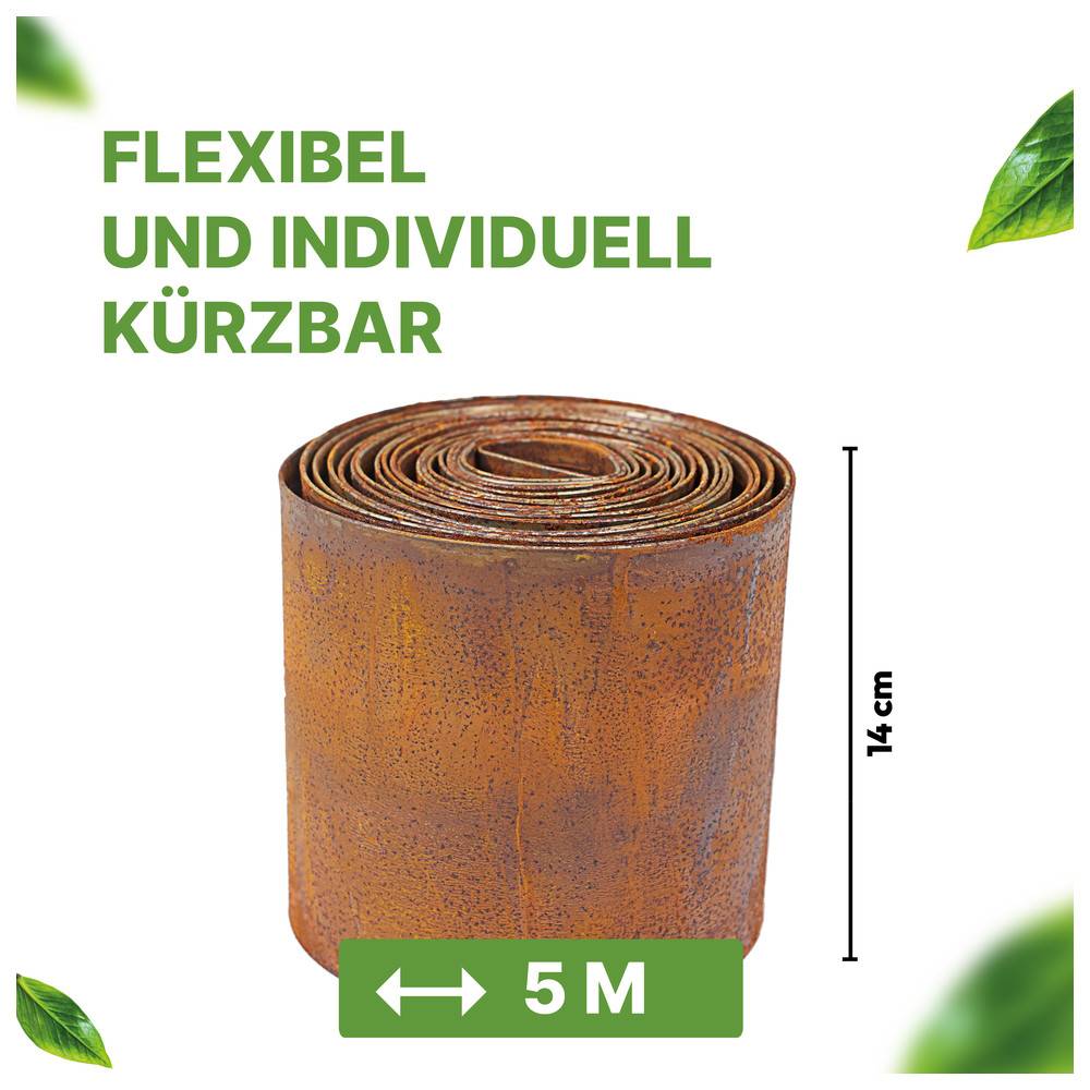 Flexibel und individuell kürzbar. 5 m Rolle aus rostfarbener Metall, 14 cm Höhe.