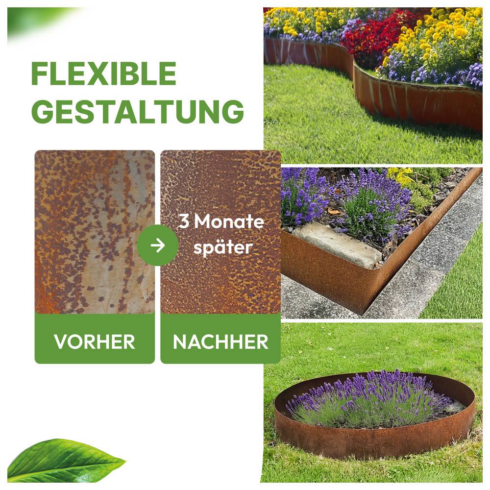 Flexible Gestaltung' zeigt eine Transformation über drei Monate. Rostige Metallkanten verwandeln sich in einen lebendigen, bepflanzten Gartenbegrenzungsstreifen mit Lavendel.