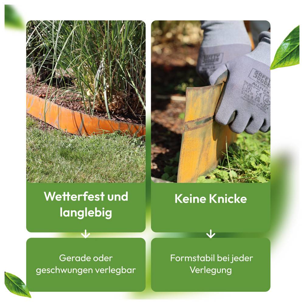 Das Bild zeigt zwei Abschnitte, die die Vorteile von Beetbegrenzungen hervorheben. Die linke Seite besagt 