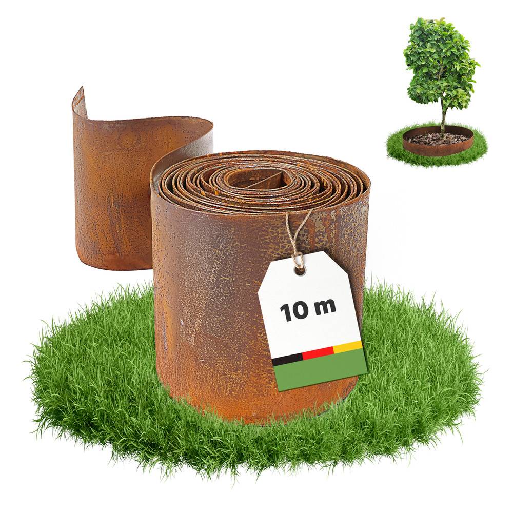 Eine Rolle rostiger Metallkanten, mit '10 m' markiert, umgeben von Gras, mit einem Baum in einem Kreis derselben Kanten als Anwendungsbeispiel.
