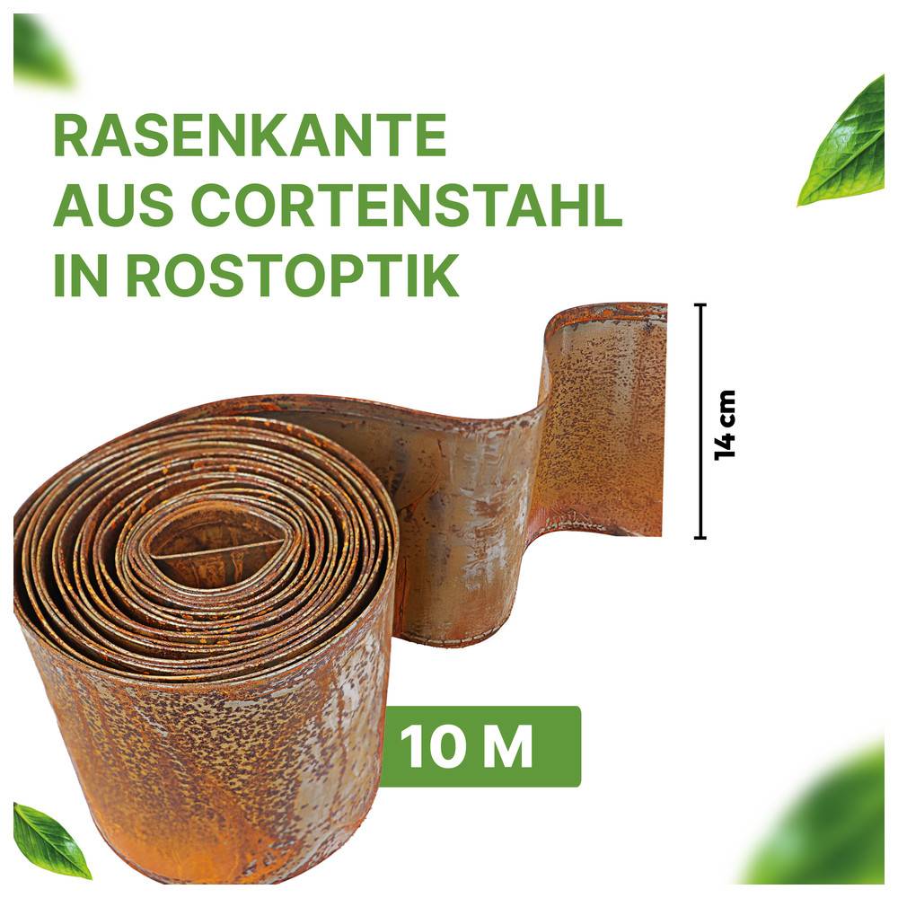 Eine gerollte Rasenkante aus Cortenstahl mit Rostoptik, 10 Meter lang und 14 cm hoch, mit grünen Blattakzenten.