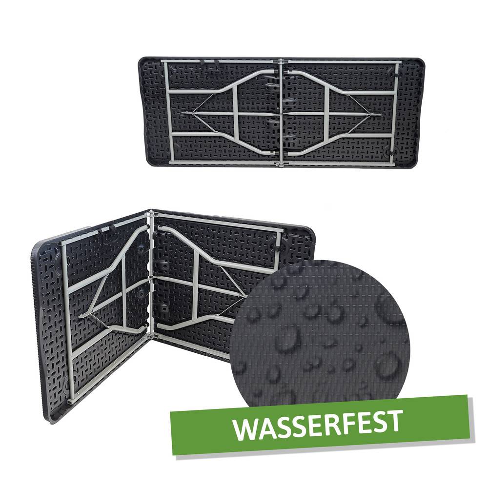 Klappbarer Tisch mit wasserabweisender Eigenschaft, in geöffneter und geschlossener Position dargestellt. Detailaufnahme zeigt Wassertropfen auf der Oberfläche.
