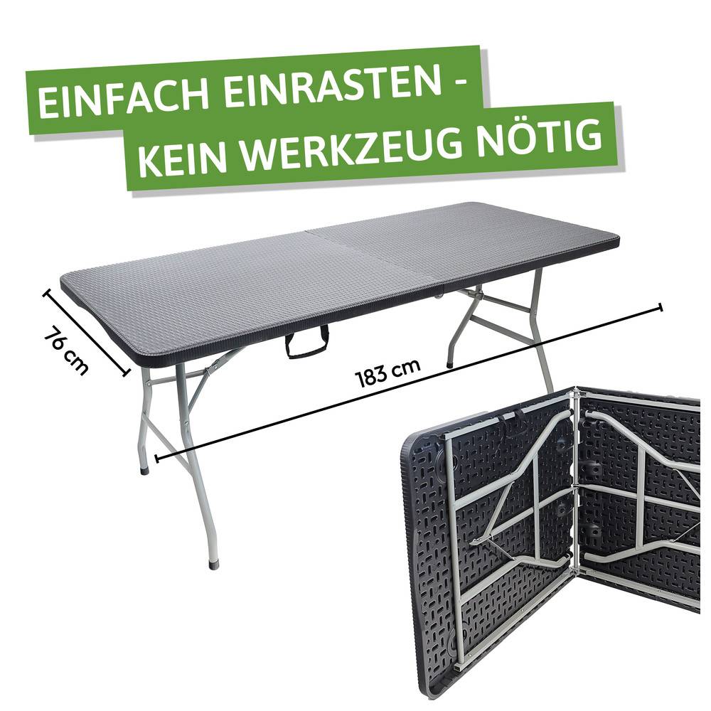 Ein zusammenklappbarer Tisch mit einer Größe von 183 cm x 76 cm wird gezeigt, wobei der Text 'Einfach einrasten - kein Werkzeug nötig' eine einfache Montage ohne Werkzeuge anzeigt.