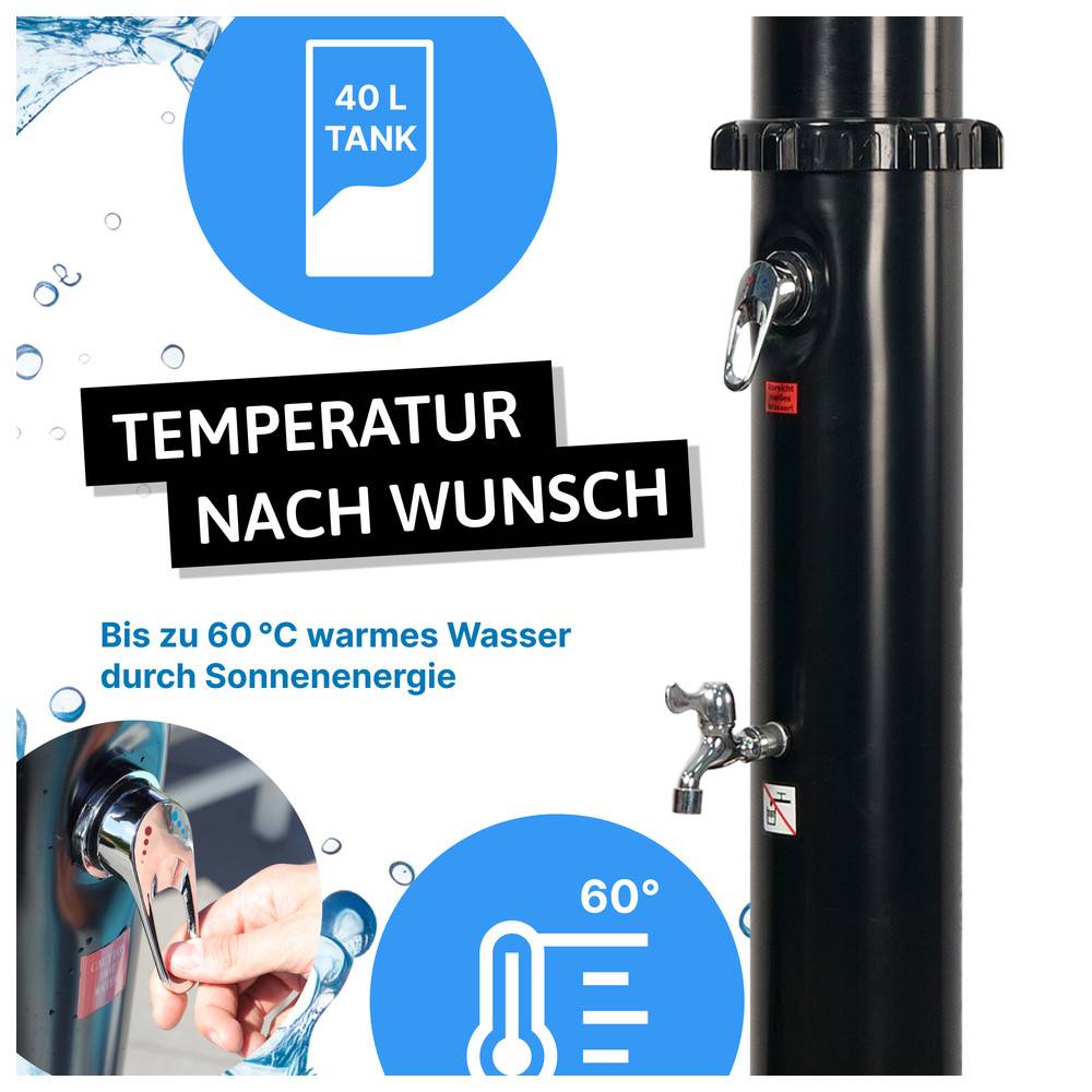Schwarze Solardusche für den Außenbereich mit einem '40L Tank' Icon und 'Temperatur bis zu 60°C durch Solarenergie' Text