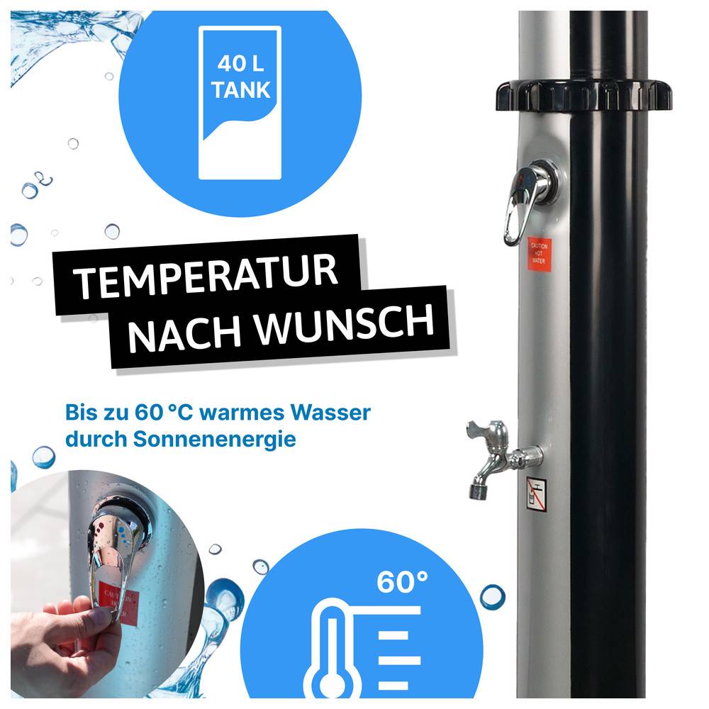 Solares Warmwassersystem mit einem 40-Liter-Tank, das Wassertemperaturen bis zu 60°C mithilfe von Solarenergie erreicht. Ausgestattet mit einstellbarer Temperaturregelung.