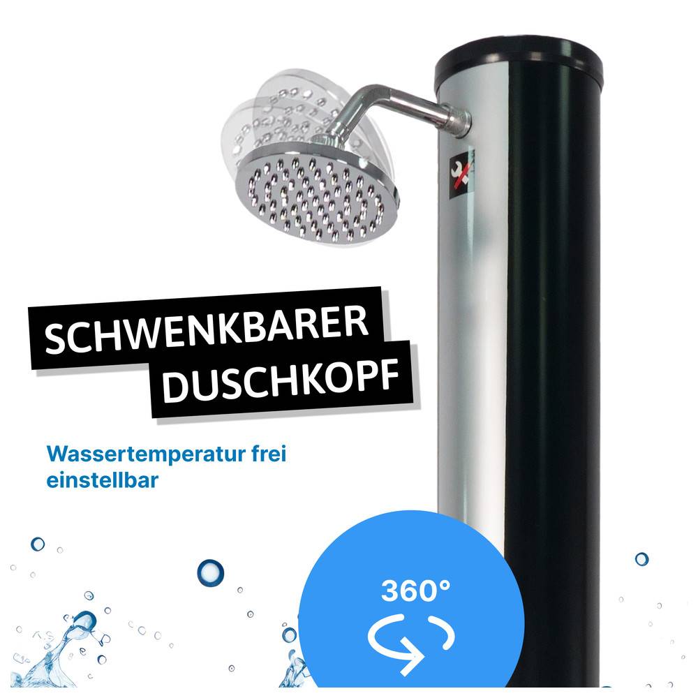 Eine glänzende silberne Outdoor-Dusche mit einem verstellbaren, schwenkbaren Duschkopf und dem Text „schwenkbarer Duschkopf