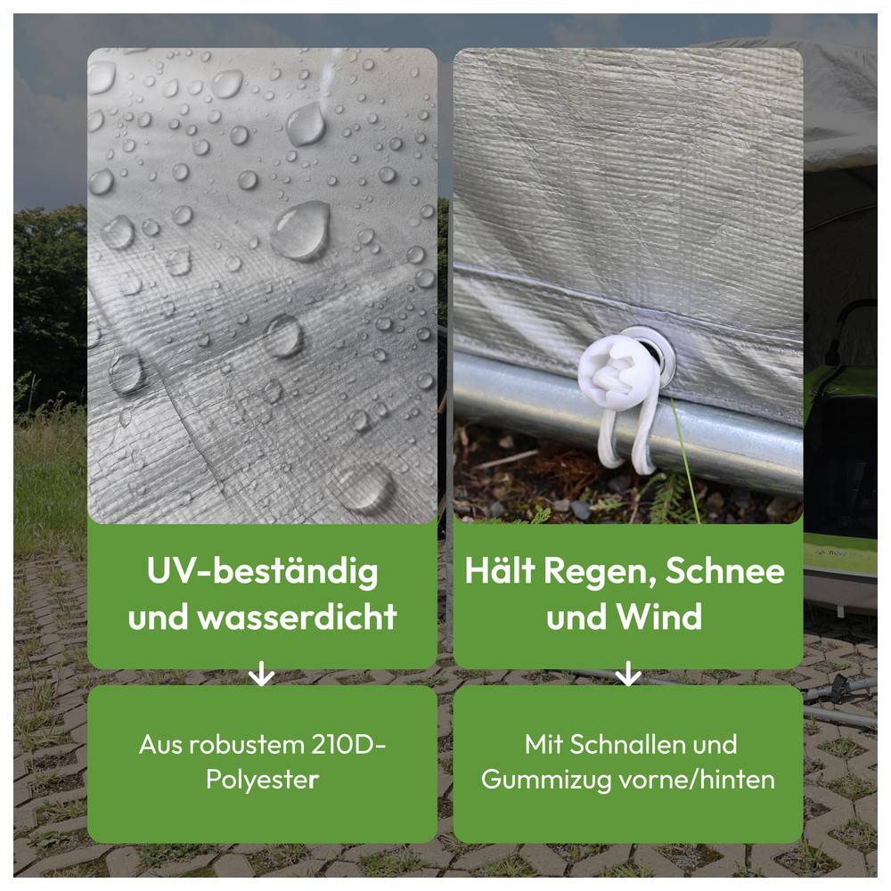 UV-beständig und wasserdicht' zeigt Wassertropfen auf einer Polyesteroberfläche. 'Hält Regen, Schnee und Wind' zeigt ein Zelt mit Schnalle und Elastikseil.