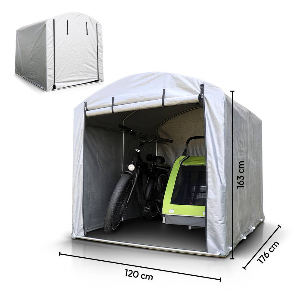 Ein tragbares Lagerzelt mit einem Fahrrad und einem Fahrradanhänger im Inneren. Abmessungen sind gekennzeichnet: 120 cm Breite, 176 cm Tiefe, 163 cm Höhe.