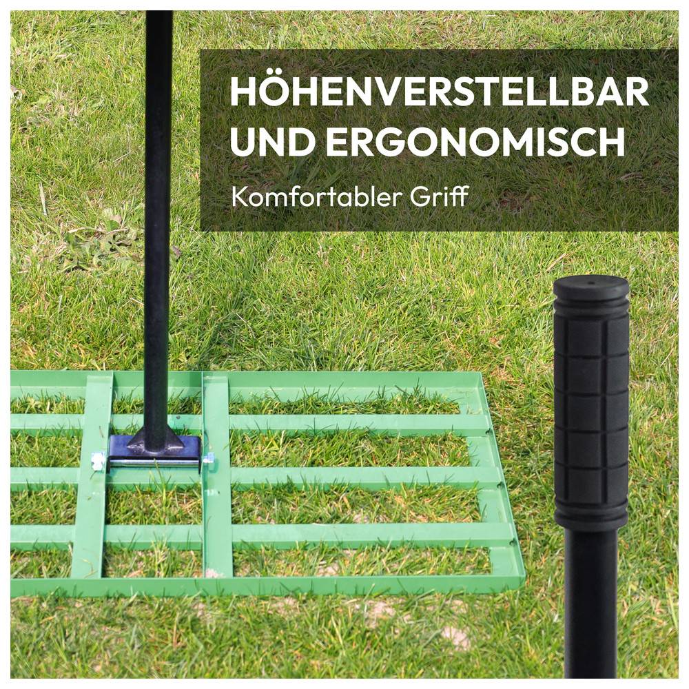 Ein Metallpfahl mit einem verstellbaren und ergonomischen Griff wird auf grünem Gras gezeigt. Der Text lautet 