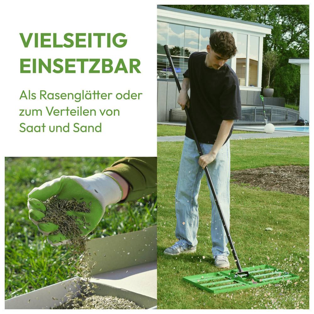 Eine Person, die ein grünes Gartengerät auf dem Rasen verwendet. Deutscher Text lautet: 'Vielseitig einsetzbar: Als Rasenglätter oder zum Verteilen von Saat und Sand.