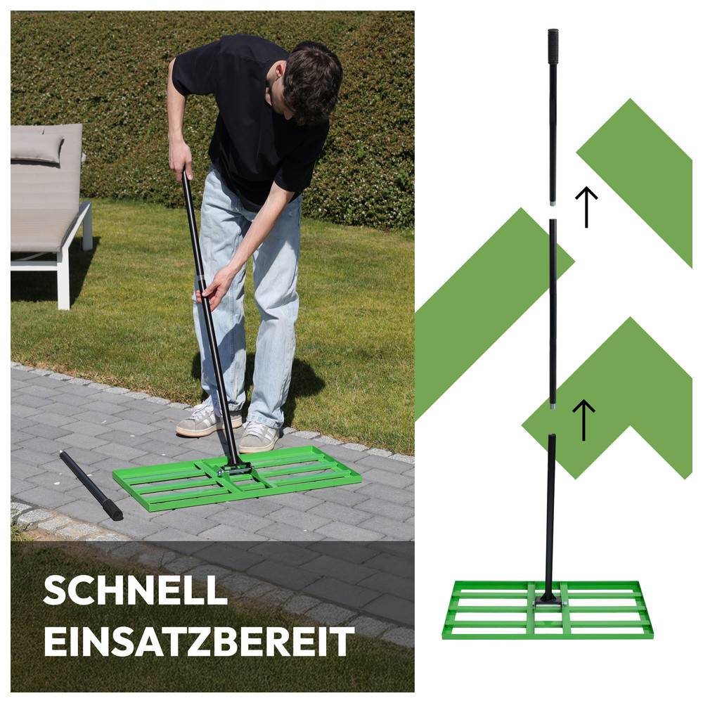 Eine Person montiert einen grünen Rechen auf einem Rasen neben einem Liegestuhl. Pfeile zeigen den ausziehbaren Griff des Rechens. Text lautet: 'SCHNELL EINSATZBEREIT'.