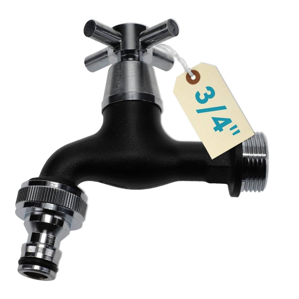 Ein Metallhahn mit Kreuzgriff und einer Beschriftung 