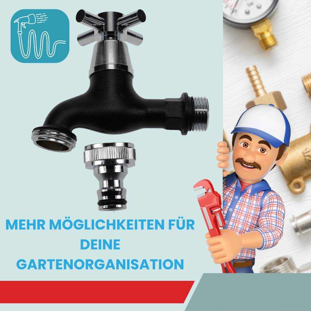 Ein lächelnder Cartoonmann hält einen roten Schraubenschlüssel neben einem schwarzen Gartenwasserhahn. Text lautet: 'Mehr Möglichkeiten für deine Gartenorganisation.