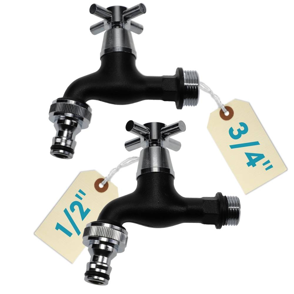 Zwei Metallhähne mit den Beschriftungen '1/2