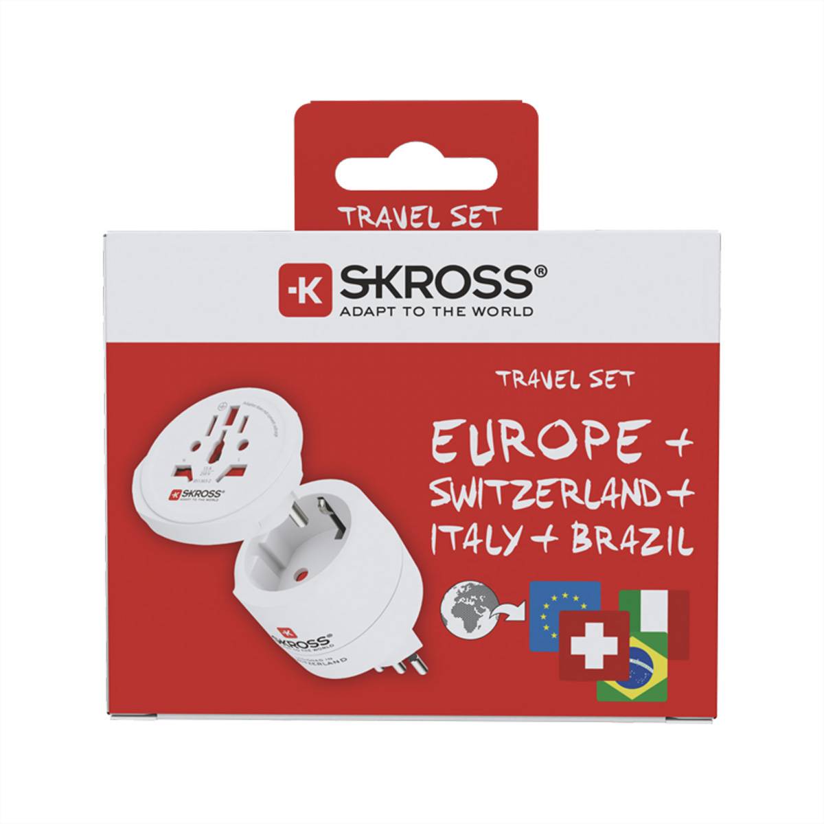 Reiseadapter-Set-Verpackung mit Adaptern für Europa, Schweiz, Italien und Brasilien, mit Länderflaggen und 'SKROSS'-Branding.