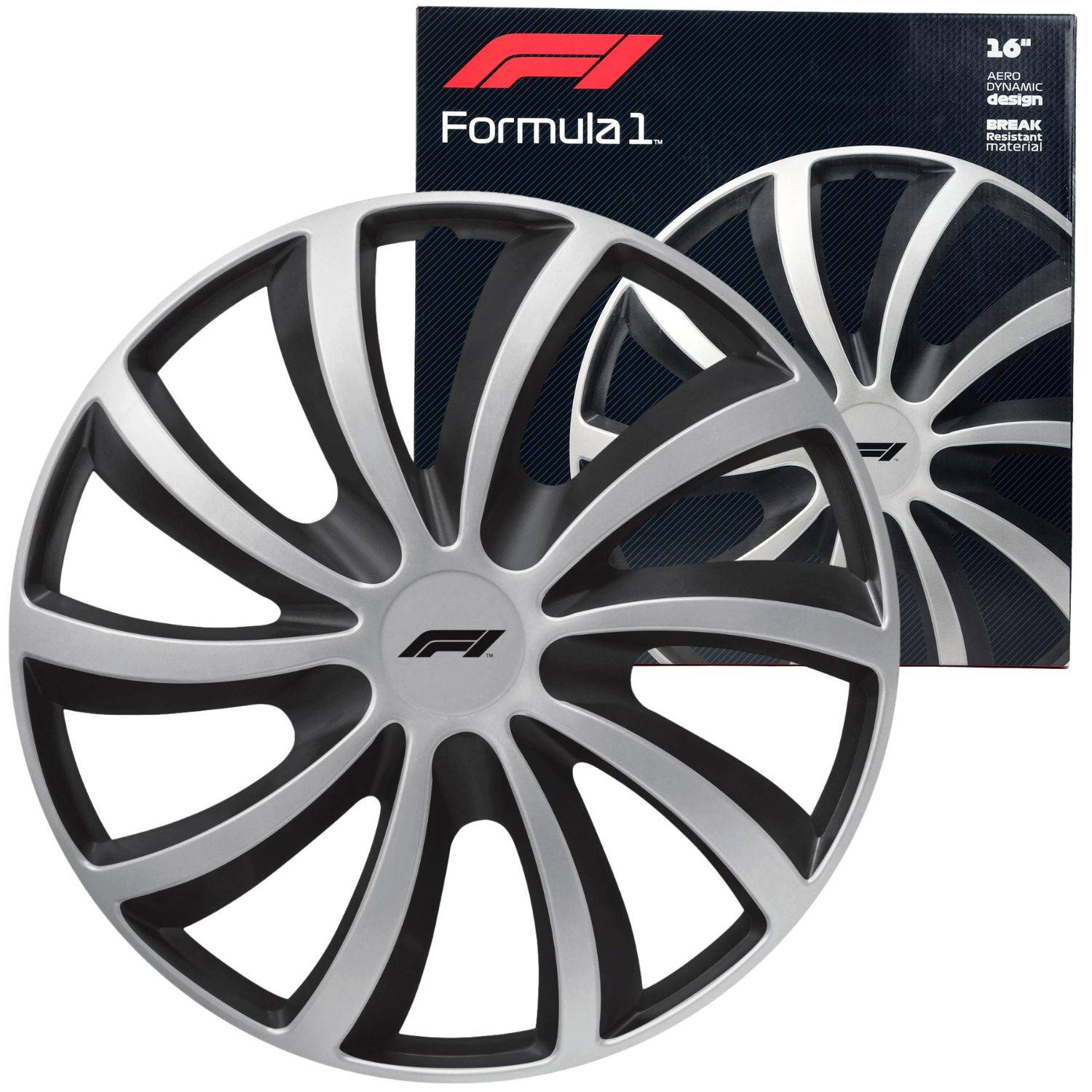 Ein Formel-1-branded Radabdeckung mit elegantem schwarz-silbernem Design, präsentiert vor seiner Verpackungsbox mit 'Formel 1' Beschriftung.
