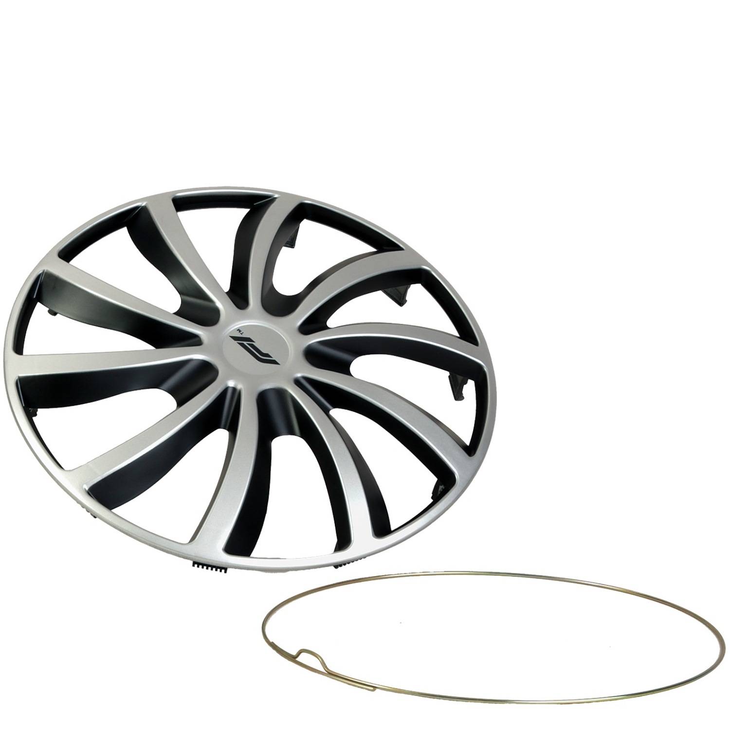 Eine silberne und schwarze Radblende mit einem geschwungenen Design, die neben einem kreisförmigen Metallhaltering gezeigt wird.