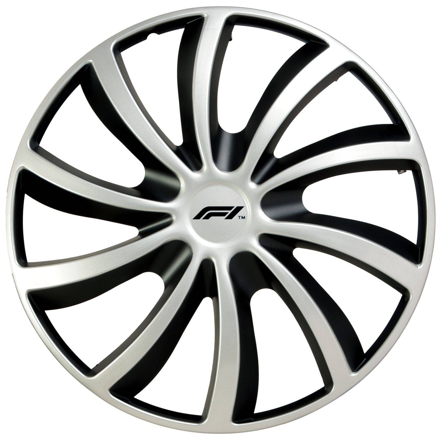 Eine elegante, metallische Radkappe mit einem dynamischen, wirbelnden Design aus wechselnden schwarzen und silbernen Abschnitten und einem kleinen Logo in der Mitte.