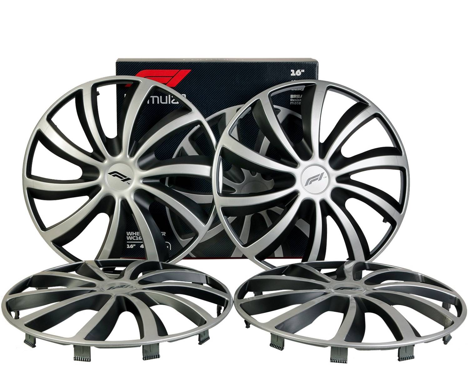 Formel 1 Radkappen, Vierer-Set, mit elegantem Metallic-Design, vor einer Verpackungsbox präsentiert.
