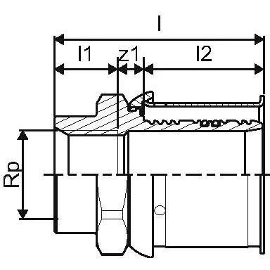 Technische Querschnittszeichnung eines Steckers mit Abmessungen gekennzeichnet als l, l1, l2, z1 und Rp, mit rechtem Gewindelende und ausgeschnittener innerer Profilansicht.