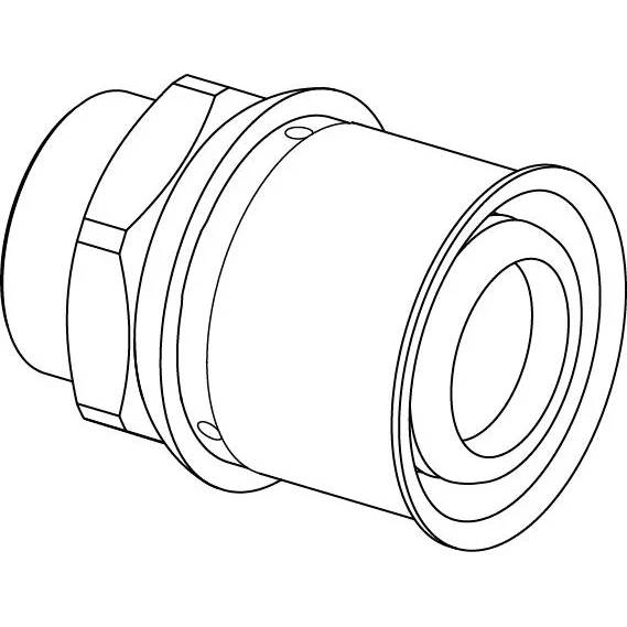 Technische Linienzeichnung eines zylindrischen mechanischen Verbinders oder einer Verschraubung mit Sechskantmutter und Flanschende.