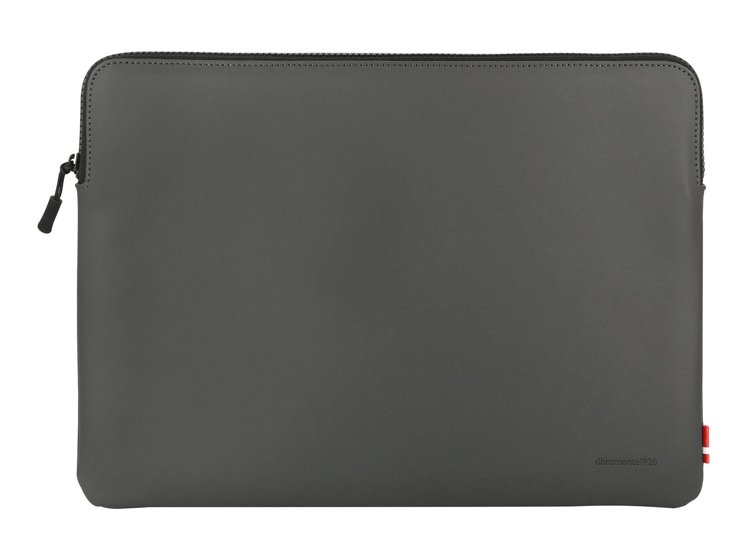 Eine schlichte graue Laptoptasche mit einem Reißverschluss oben, entwickelt zum Schutz von Laptops oder Tablets, aus der Frontperspektive betrachtet.