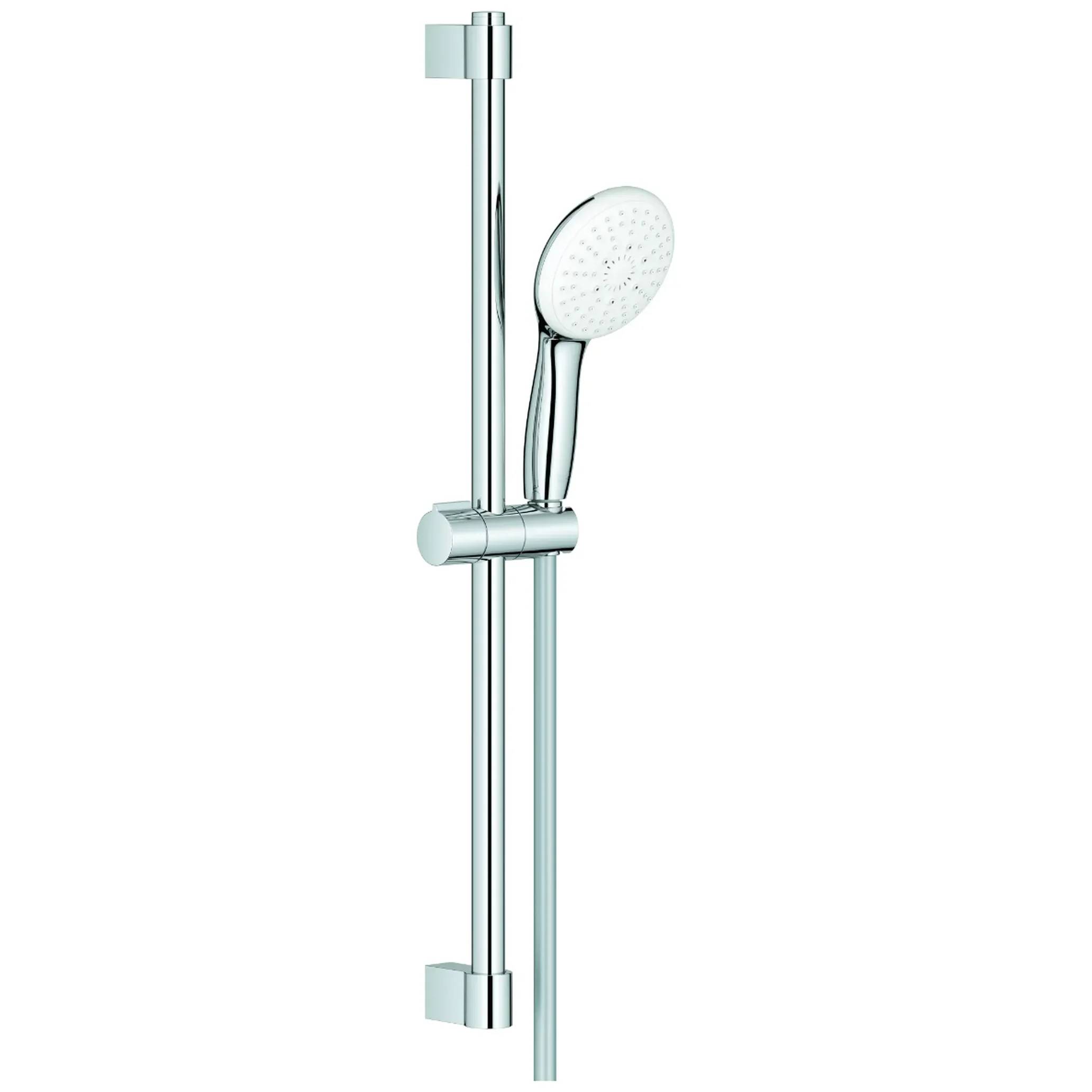Chromglanz-Duschstange mit verstellbarem Handbrausehalter und Schieber auf weißem Hintergrund.