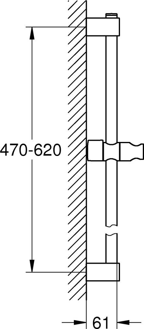 Diagramm einer Handtuchhalter-Installation mit Seitenansicht und Maßbereich '470-620' zur Angabe des Wandabstands.