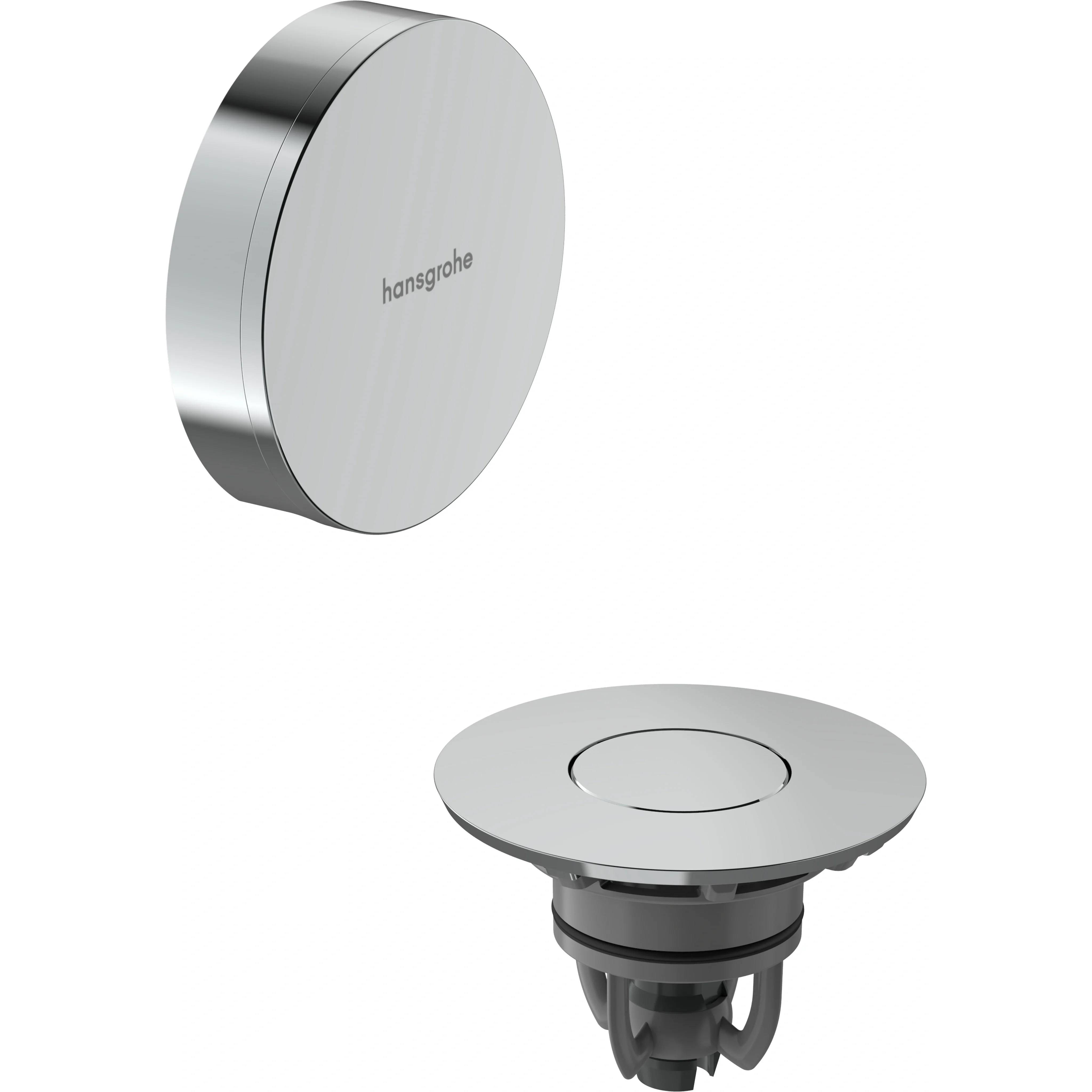 Chrom-Hansgrohe-Ablaufabdeckung und passendes Pop-Up-Ablaufset, separat auf weißem Hintergrund abgebildet.