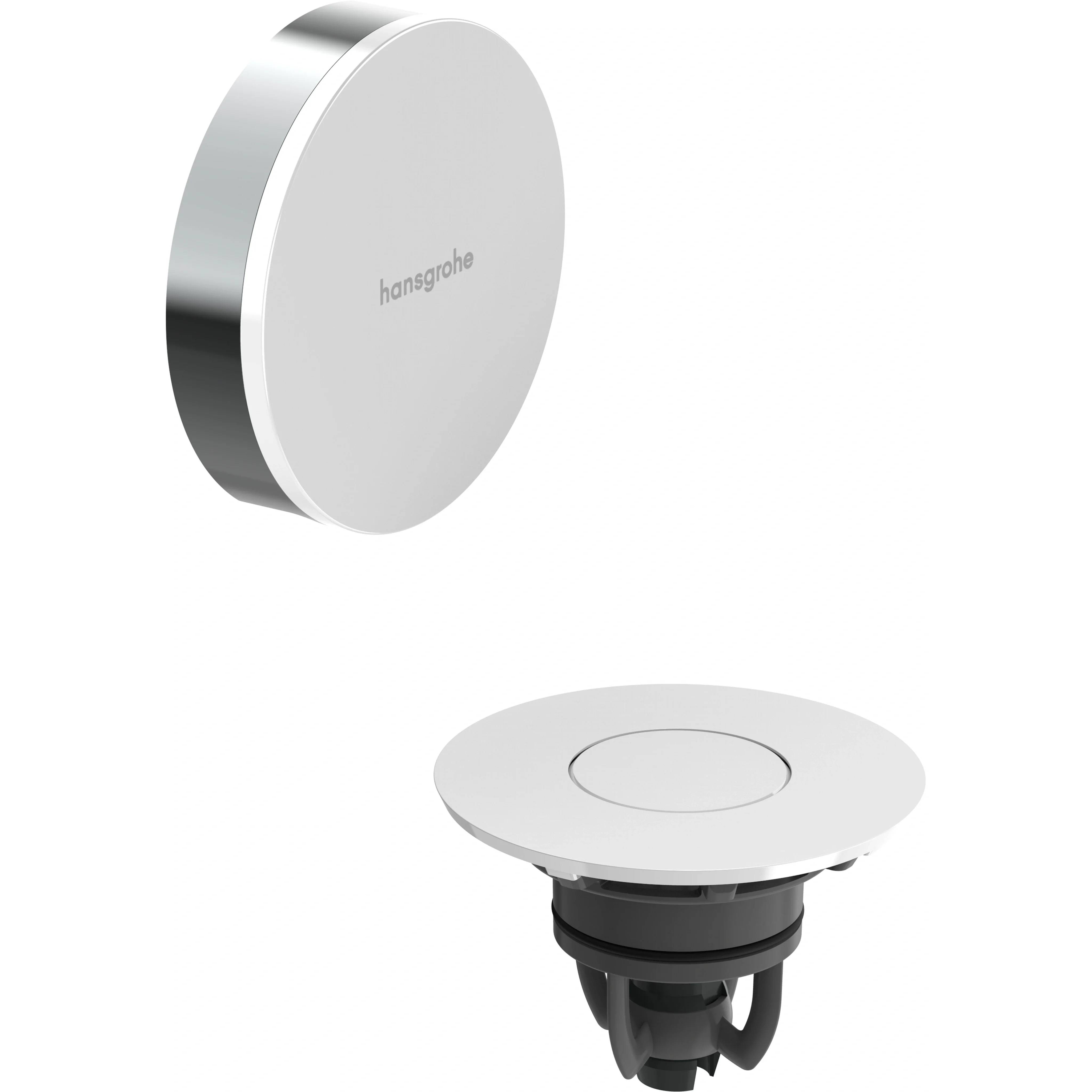 Zwei weiße runde Hansgrohe Badezimmerarmaturen, eine Wandkappe und eine Bündige Ablaufabdeckung mit schwarzer Montagehardware.