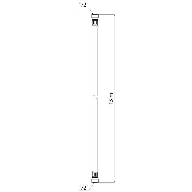 Diagramm eines 15 m langen vertikalen Rohrs oder Stabes mit 1/2 Zoll Verschraubungen an beiden Enden.