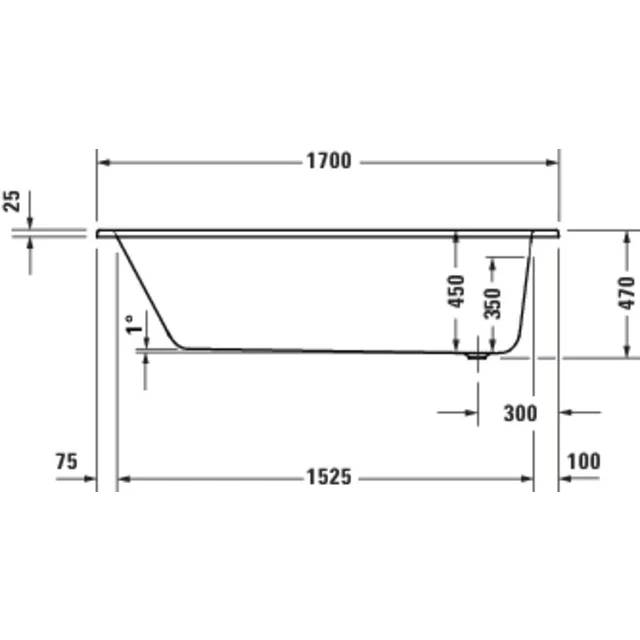 Technische Zeichnung eines rechteckigen Behälters oder Tabletts mit Abmessungen: 1700 mm Länge, 470 mm Höhe, 1525 mm Basis, 300 mm Versatz und 25/75/100 mm Seitenmessungen.