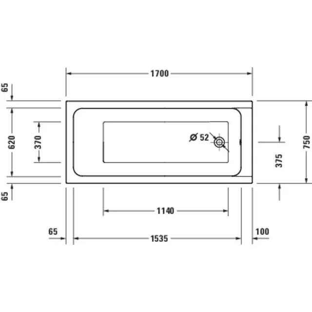 Technische Zeichnung einer rechteckigen Badewanne mit zentralem Ablauf, die Abmessungen von 1700 x 750 mm und Innenmaße zeigt.