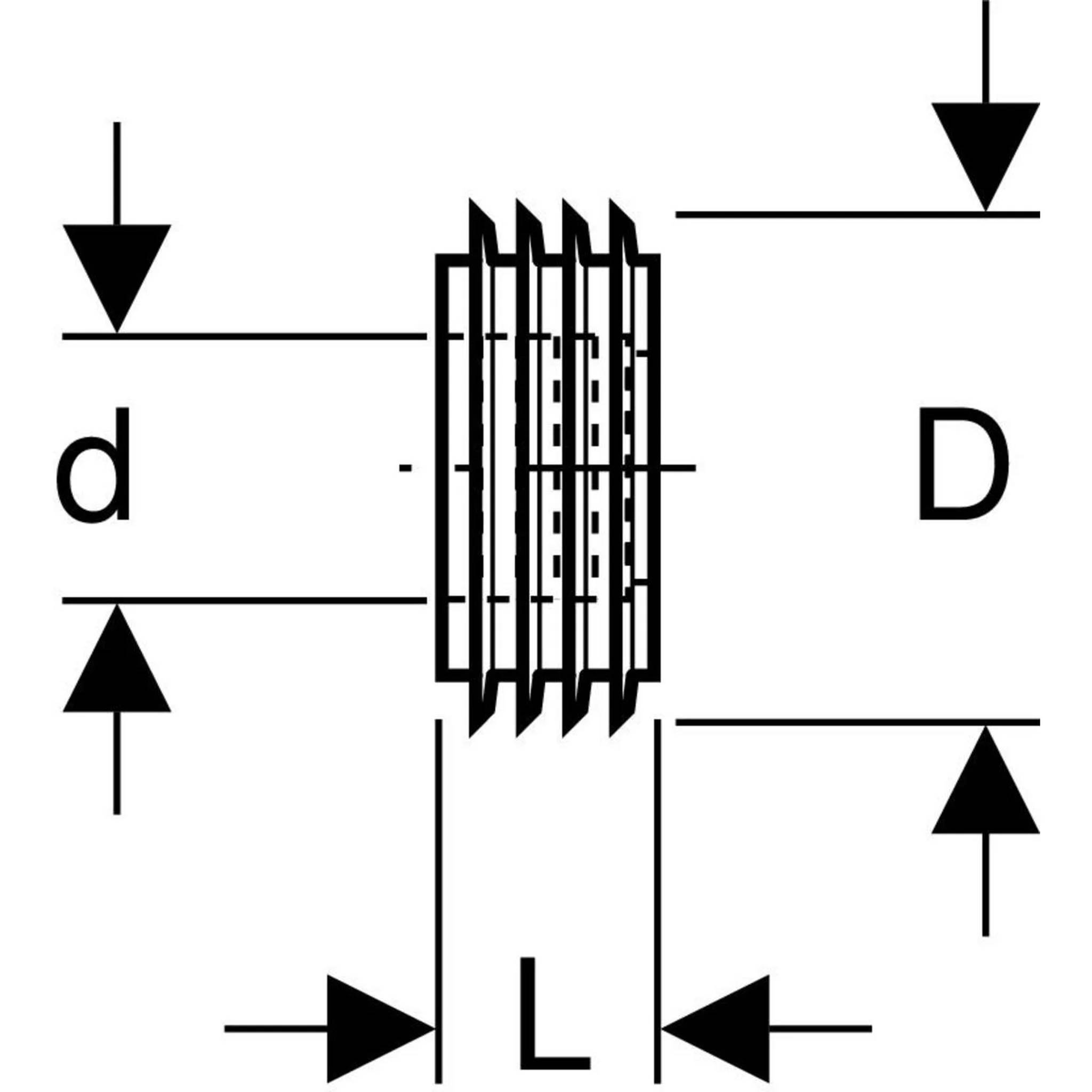 Technisches Abmessungsdiagramm eines Gewindelteils, das den Durchmesser d, den Außendurchmesser D und die Länge L mit Pfeilen zeigt, die Messsrichtungen angeben.