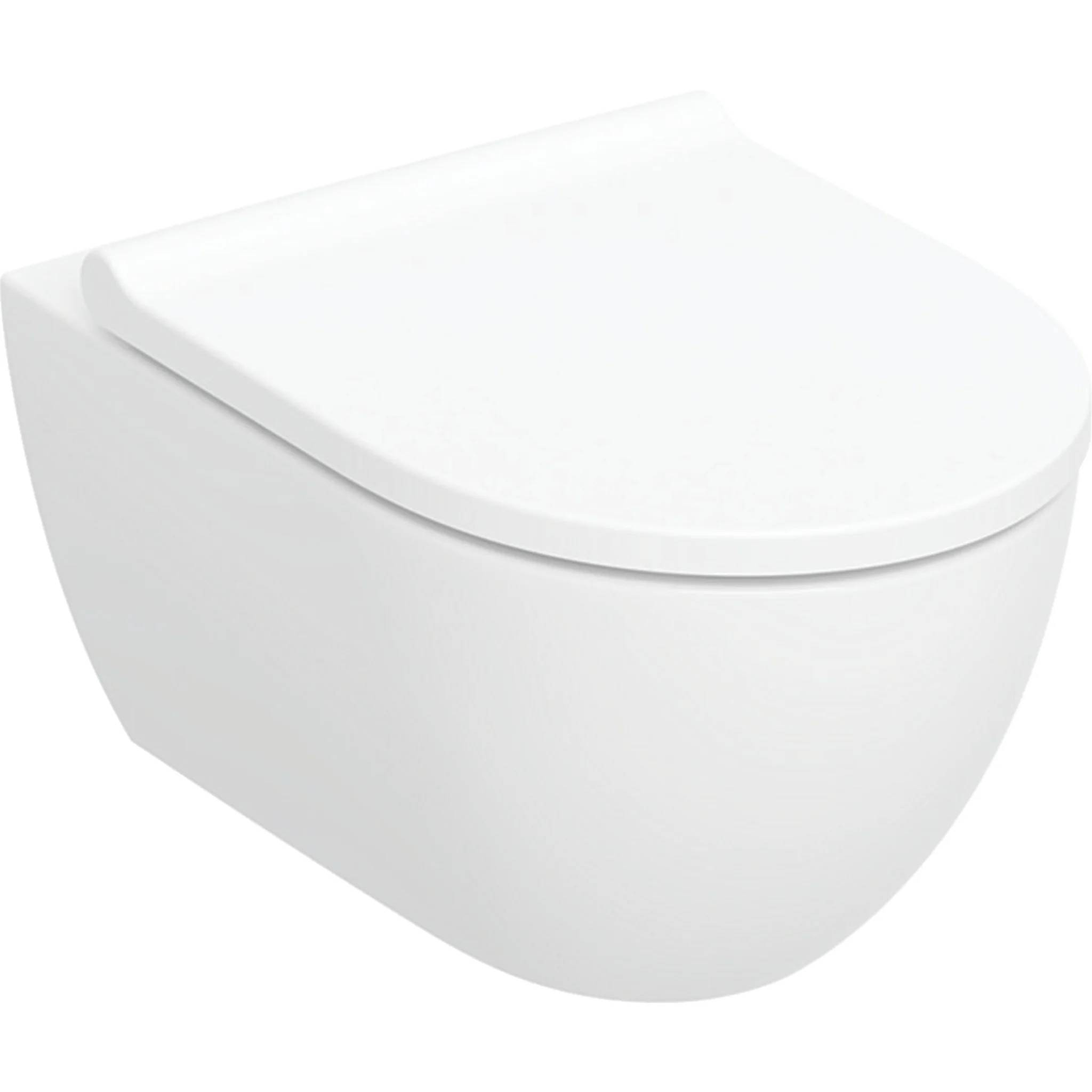 Weiße wandmontierte Toilette mit geschlossenem Deckel, gezeigt in einem sauberen Produktbild von der Seite auf weißem Hintergrund.