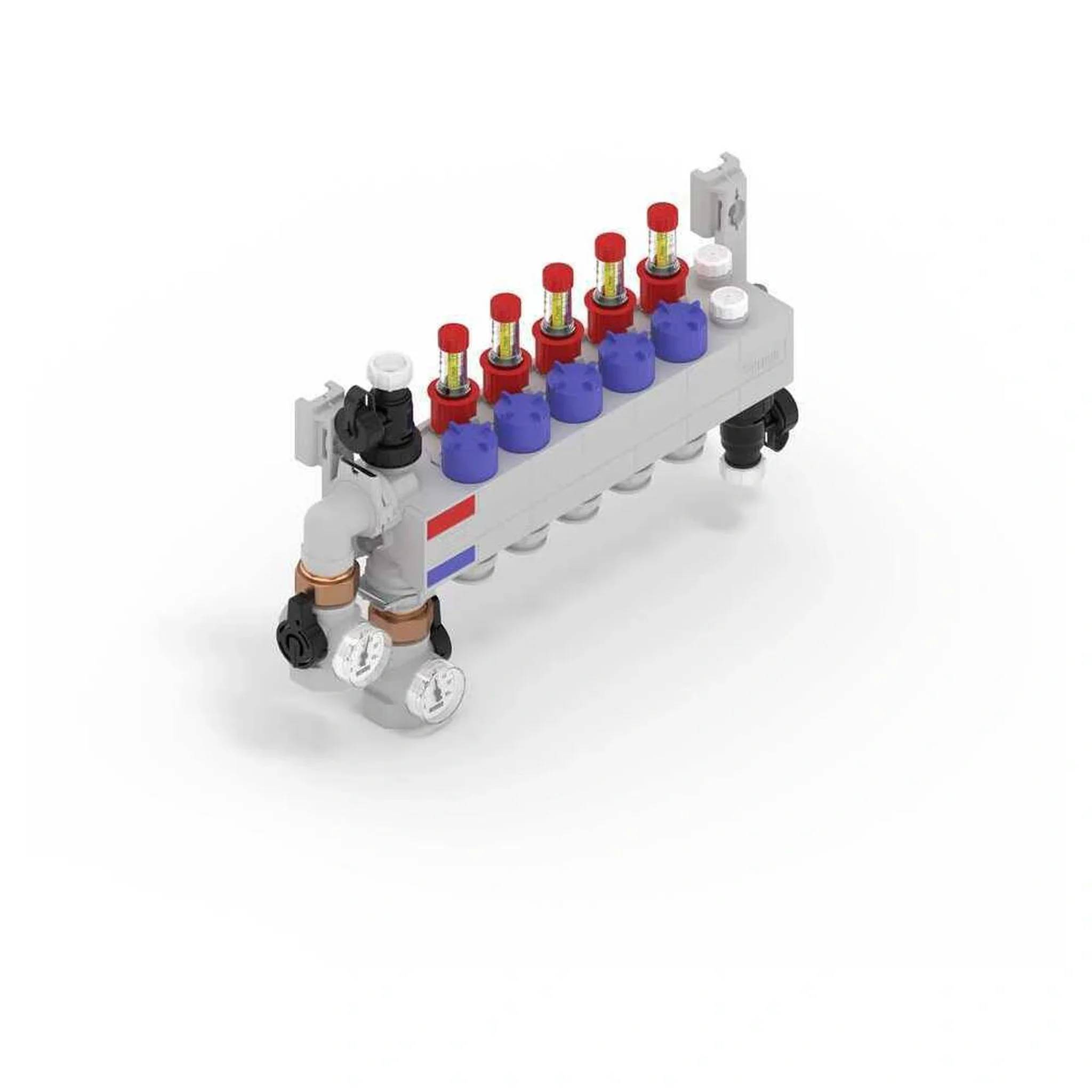 Ein graues Rohrleitungsverteiler mit mehreren rotköpfigen Ventilen und violetten Anschlüssen, dargestellt auf weißem Hintergrund.