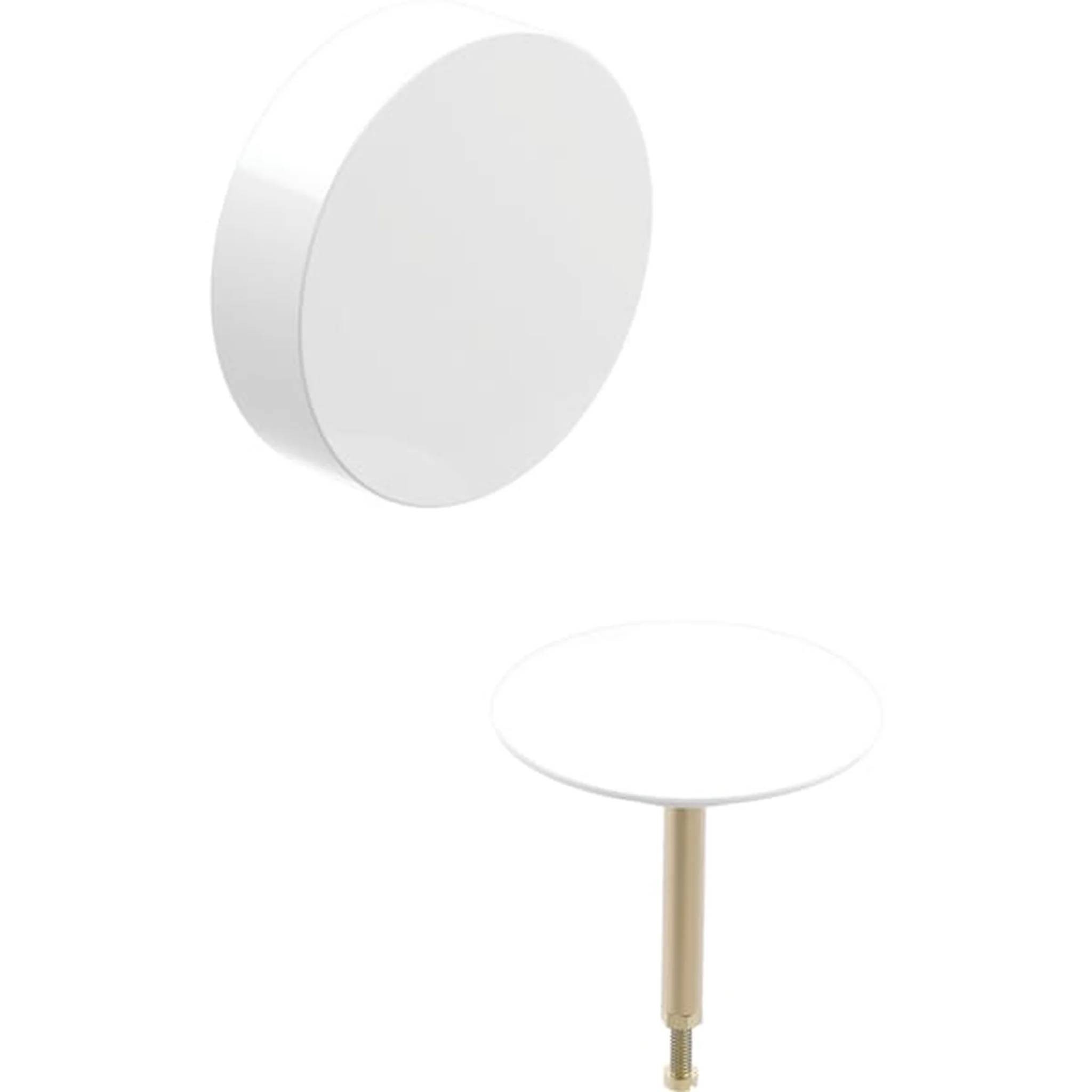 Minimalistische wandmontierte Leuchte mit einem runden weißen Diffusor und einem separaten verstellbaren runden Lampenkopf auf einem goldfarbenen Schaft vor weißem Hintergrund.