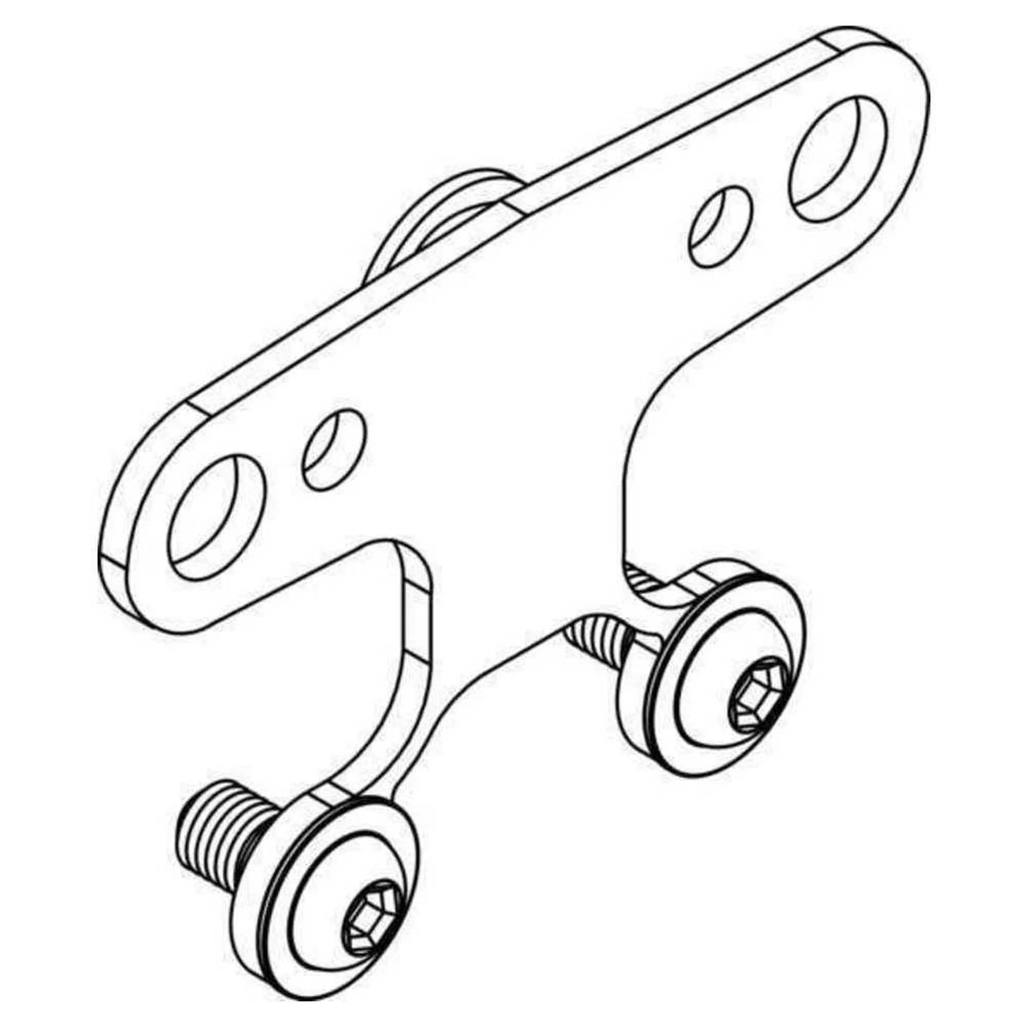 Isometrische Linienzeichnung einer Metallhalterung oder Scharnieplatte mit zwei Montagelöchern und zwei angebrachten Bolzen-und-Scheiben-Befestigungselementen.