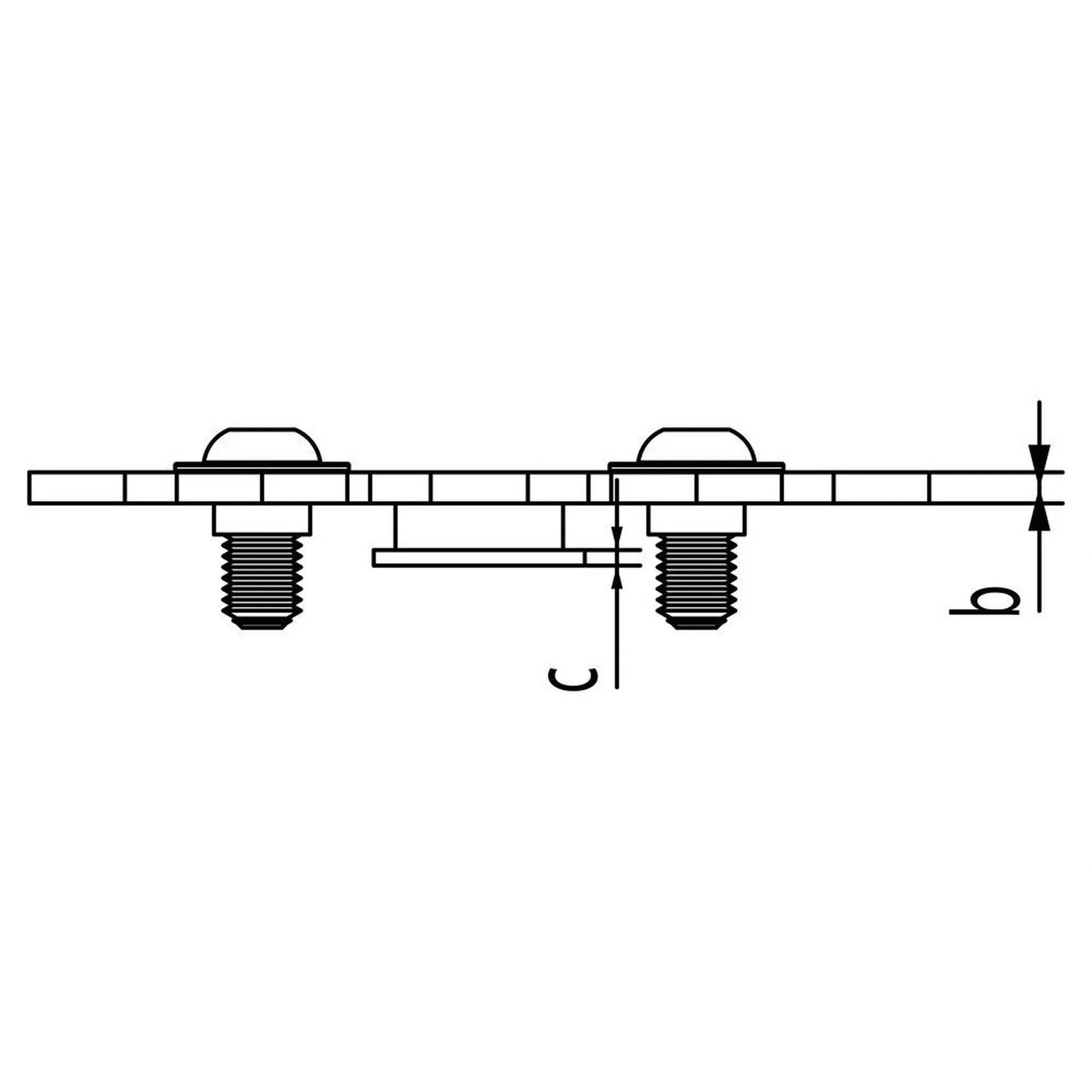 Technisches Diagramm zweier Bolzen, die eine Platte befestigen, mit Bemaßungspfeilen, die die Dicke b und den Spalt/die Freigabe c kennzeichnen.