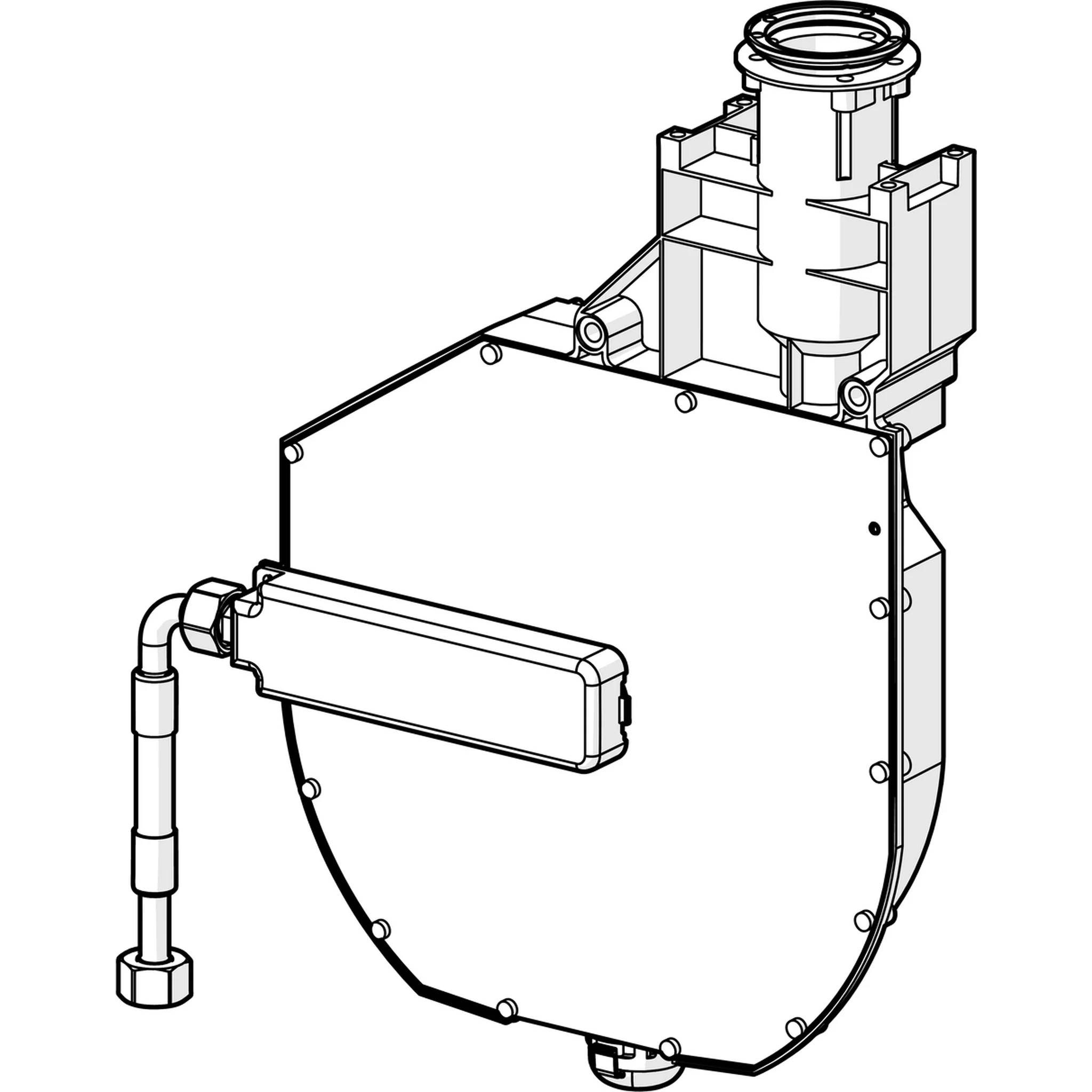 Technische Strichzeichnung einer mechanischen Baugruppe mit großem kreisförmigem Gehäuse, seitlich montiertem rechteckigem Bauteil und oberem zylindrischem Anschluss.