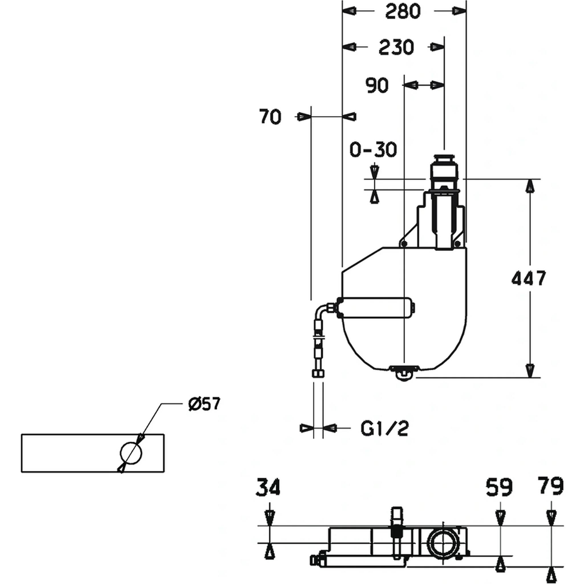 Technische Maßzeichnung einer Tank- oder Ventilbaugruppe mit beschrifteten Maßen, einschließlich 280, 230, 90, 70, 447, Ø57, G1/2, 34, 59 und 79.