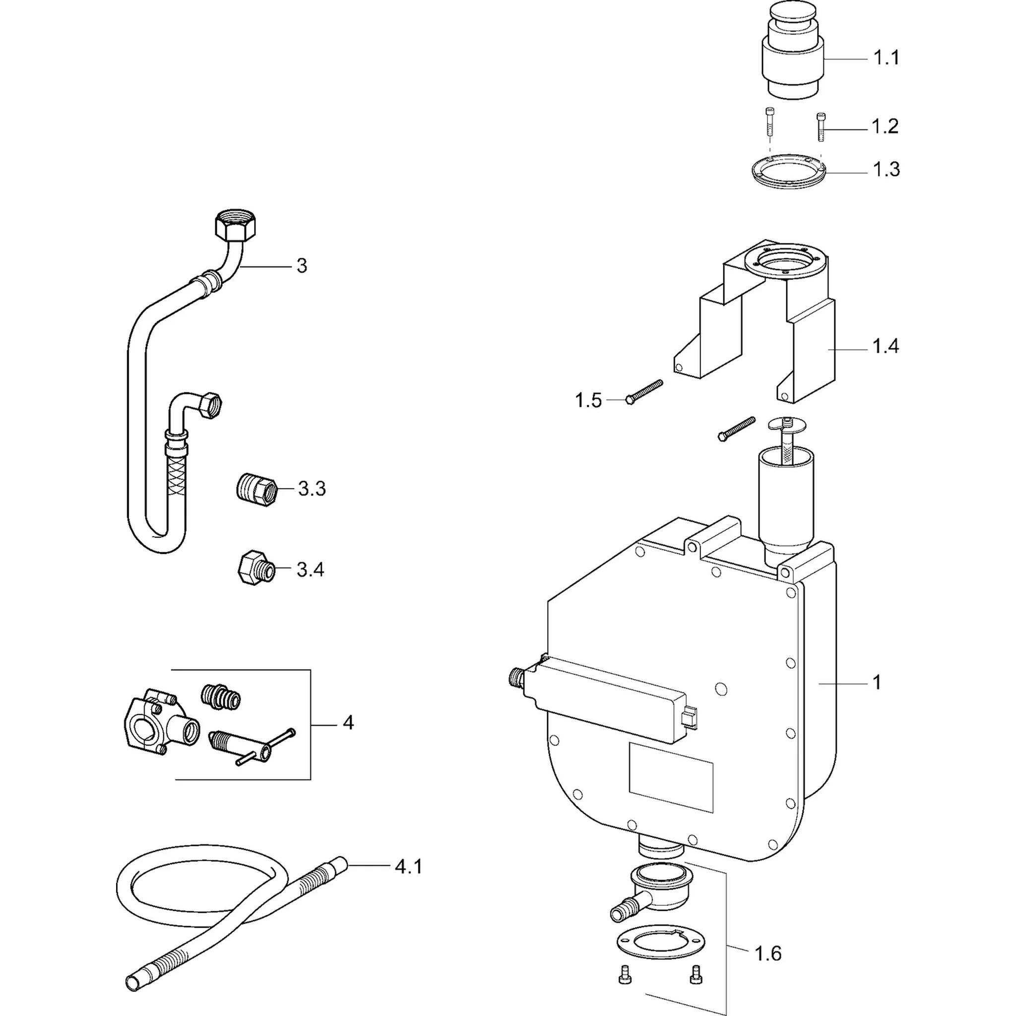 # Explodierte technische Zeichnung einer mechanischen Baugruppe mit beschrifteten Teilen 1-1.6, einschließlich einer Haupteinheit, Schläuchen, Fittings, Halterungen und Befestigungselementen.