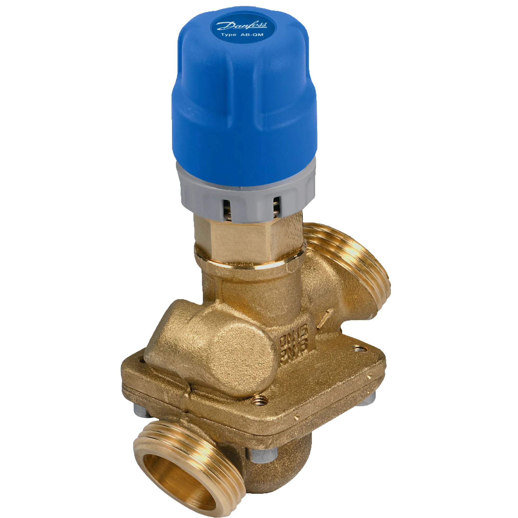 Messing-Thermostatventil mit blauer Danfoss-Kappe und Gewinderohranschlüssen, abgebildet auf weißem Hintergrund.