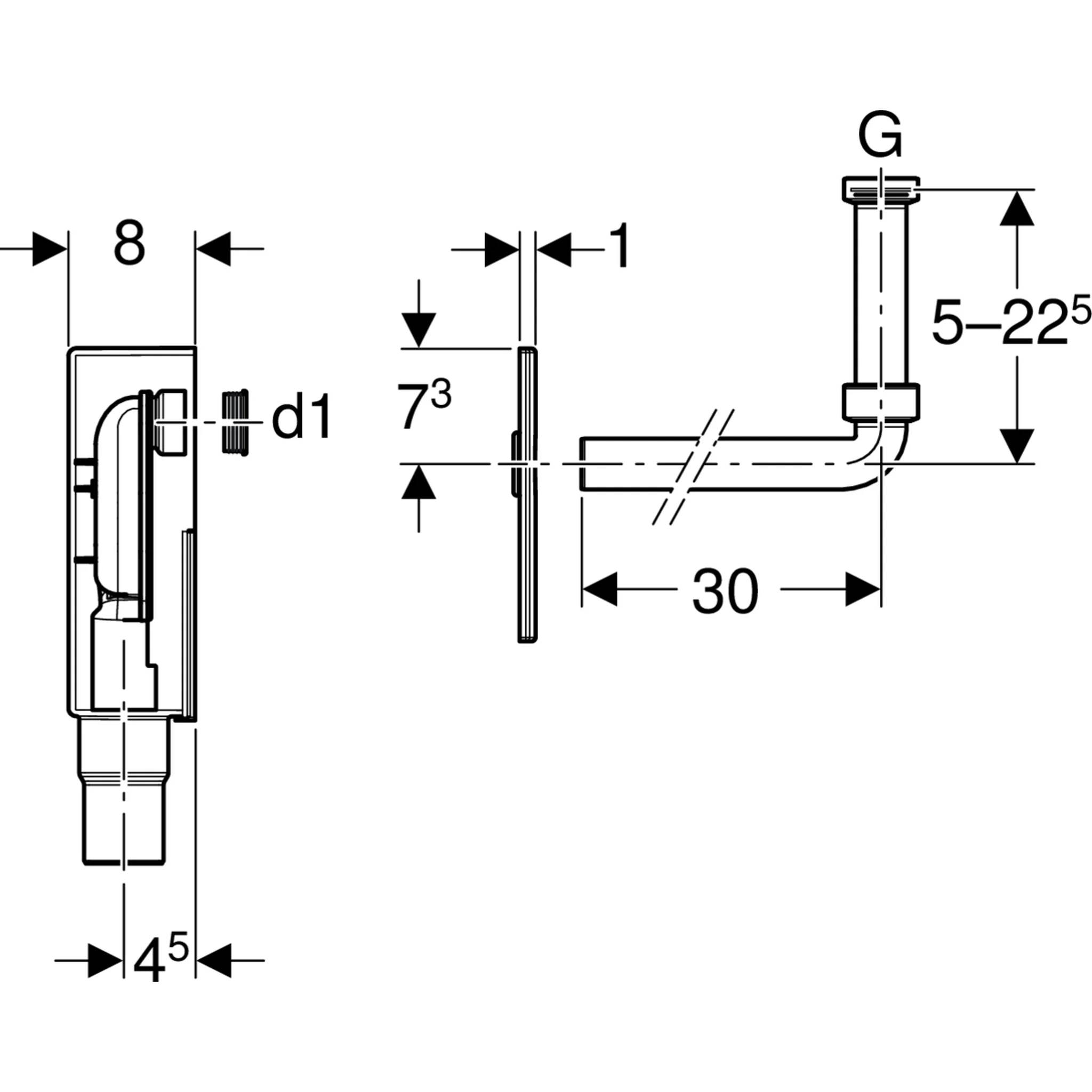Technische Maßzeichnung eines L-förmigen mechanischen Teils oder einer Halterung, die Seiten- und Vorderansicht mit beschrifteten Abmessungen 8, d1, 4,5, 7,3, 30 und 5–22,5 sowie G und einen Ausschnitt im Arm zeigt.