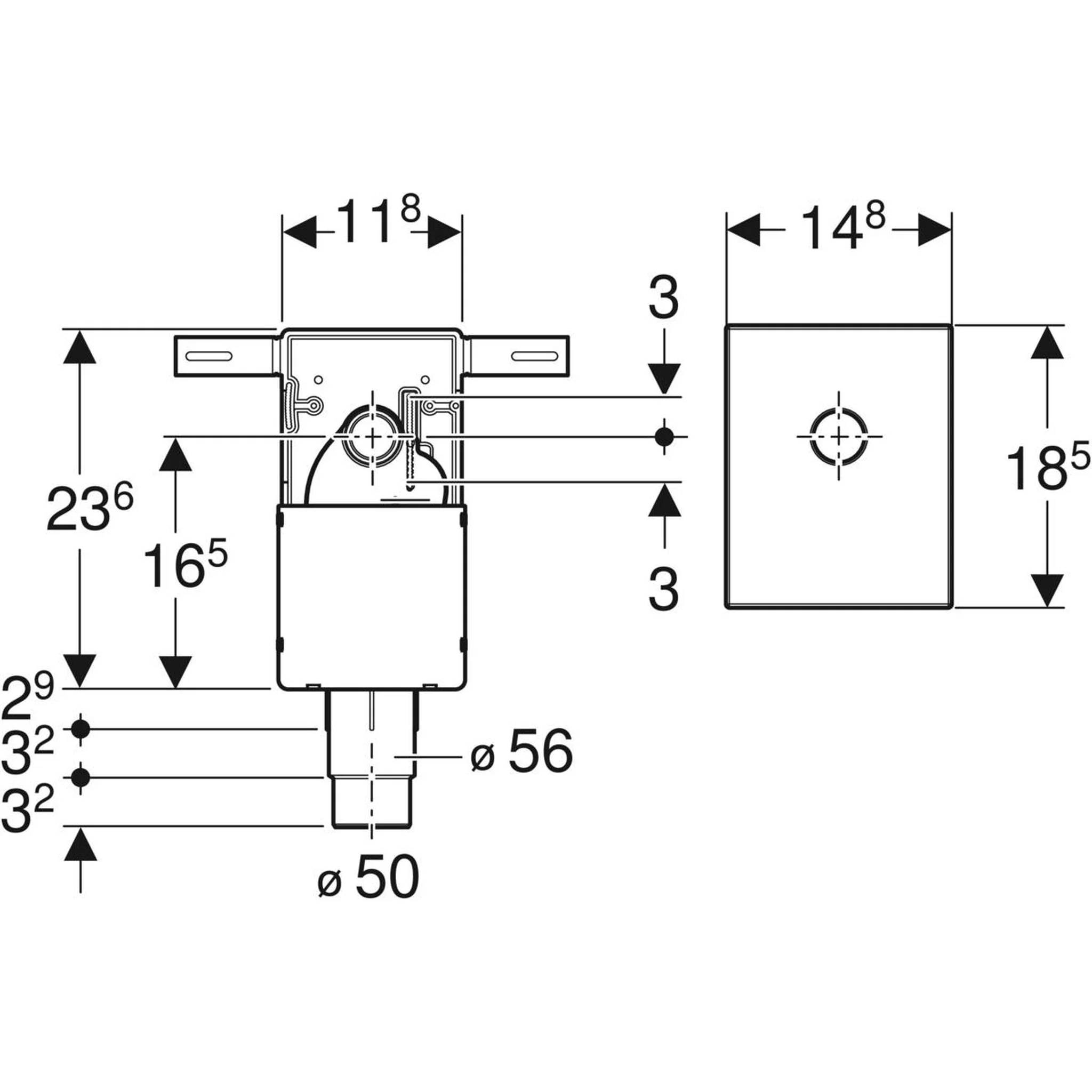 Technische Maßstabzeichnung eines mechanischen Bauteils mit Vorder- und Seitenansicht, die Breite 118, Höhe 236, Tiefe 148 und Durchmesser 56 und 50 zeigt.